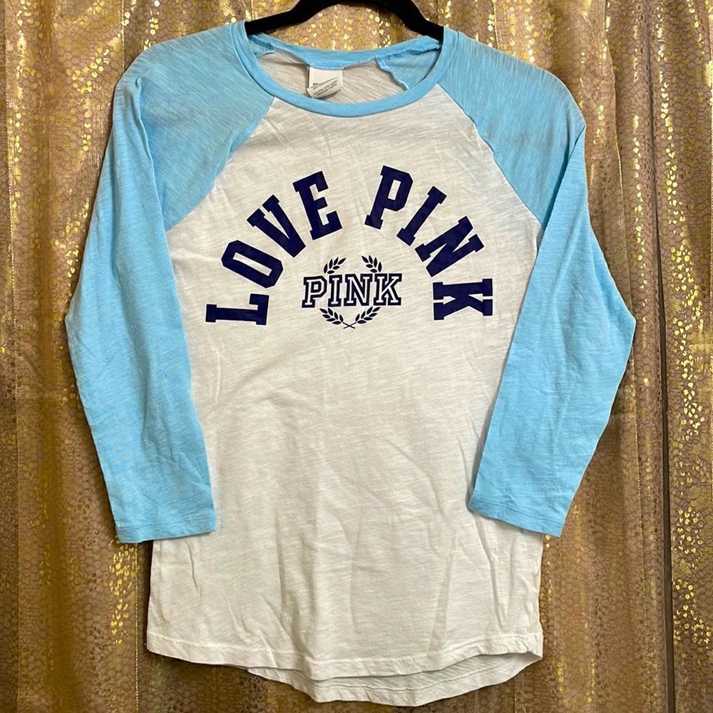 PINK Victoria’s Secret blue/white baseball style shirt, size XS